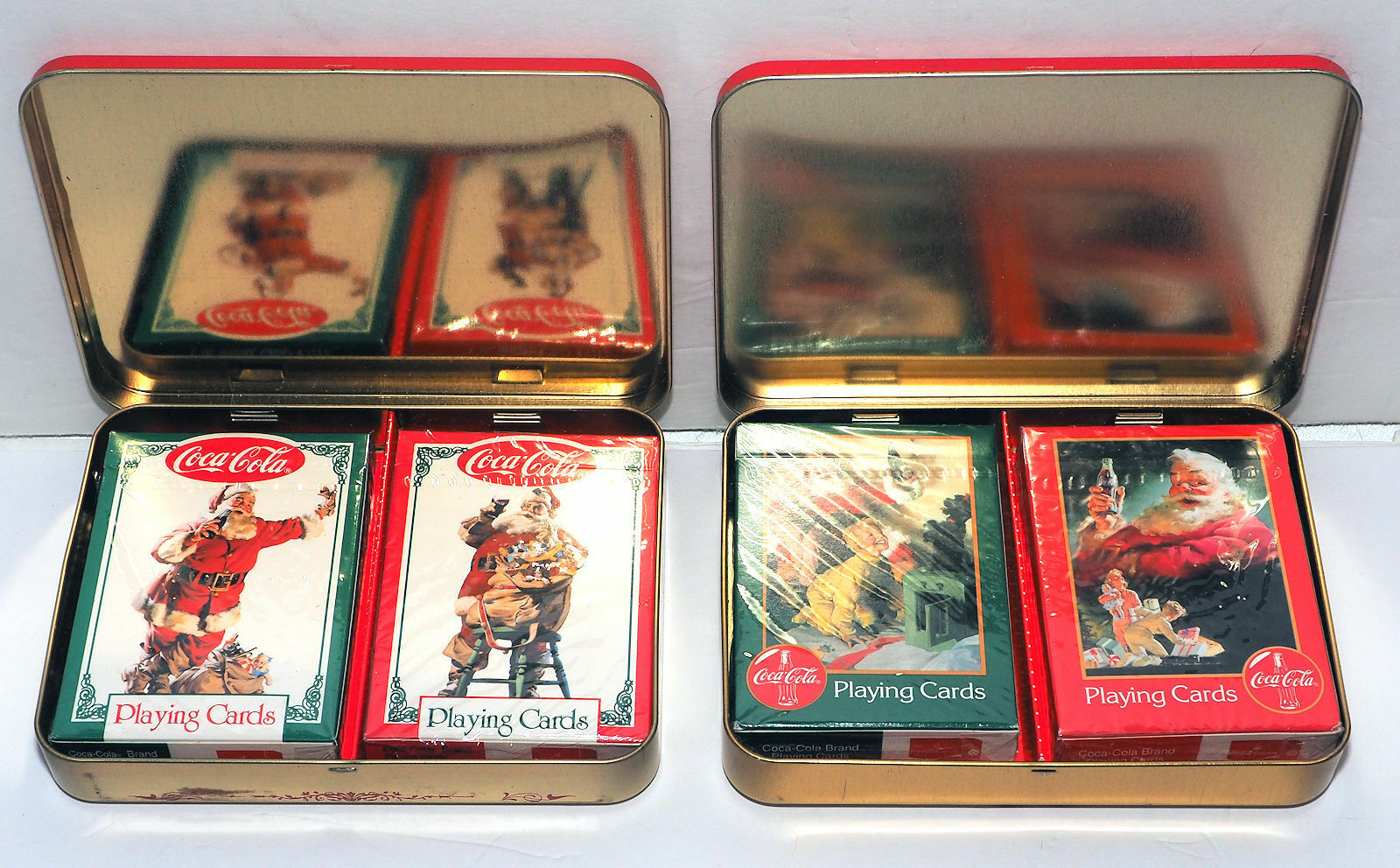 Coca-cola 2 Santa Claus Tin Cases With 4 Decks Of Unopened Playing Cards