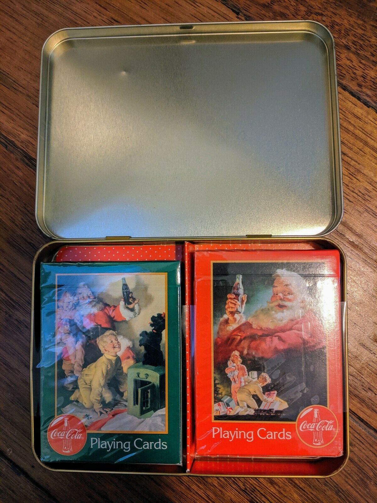 1996 Coca Cola Holiday Nostalgia Playing Card 2 Decks Santa Christmas Tin Sealed